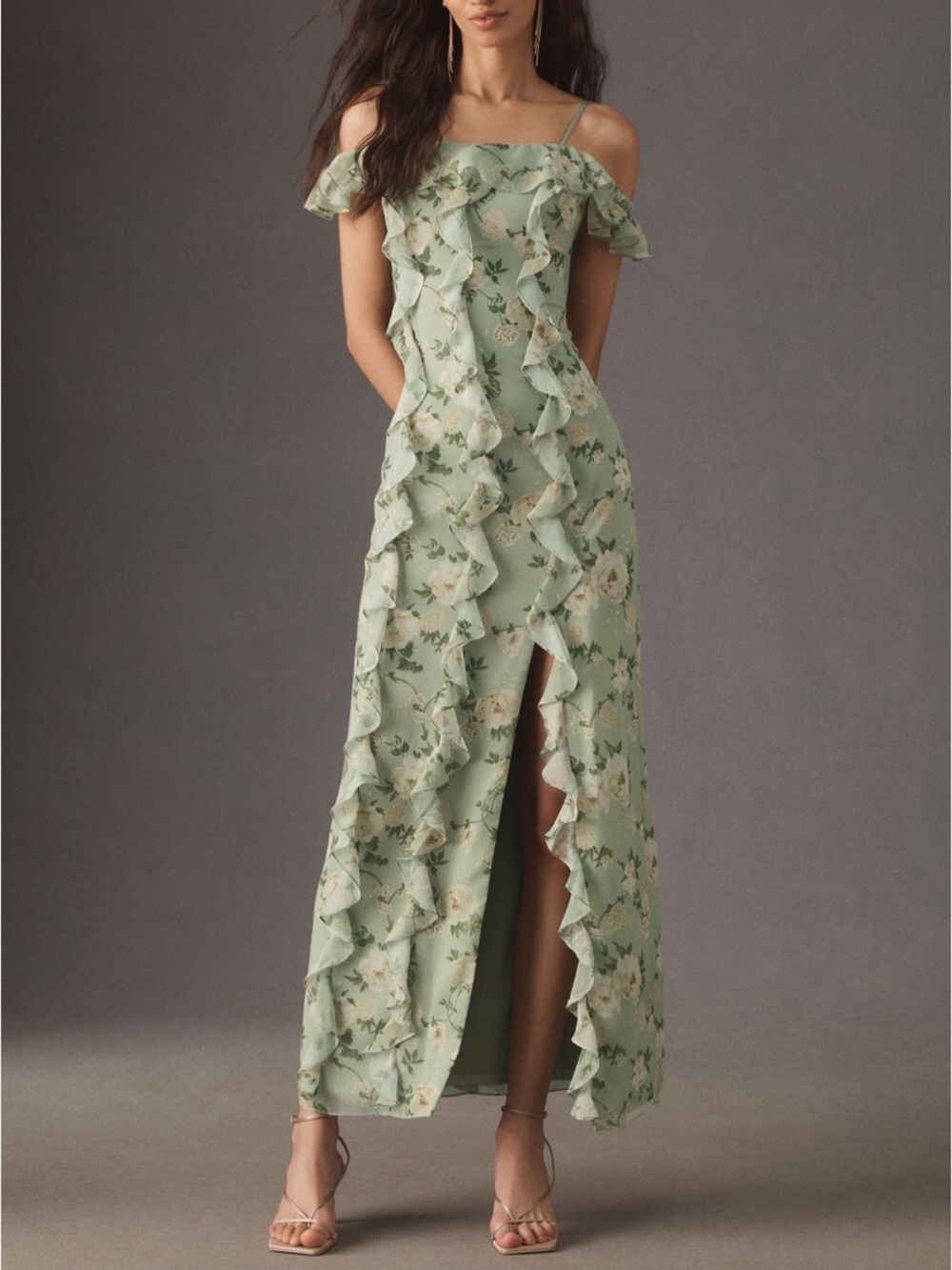 Dreamy Anthropologie BHLDN Off-Shoulder Ruffled Green Chiffon Maxi Dress XXS - Picture 1 of 12
